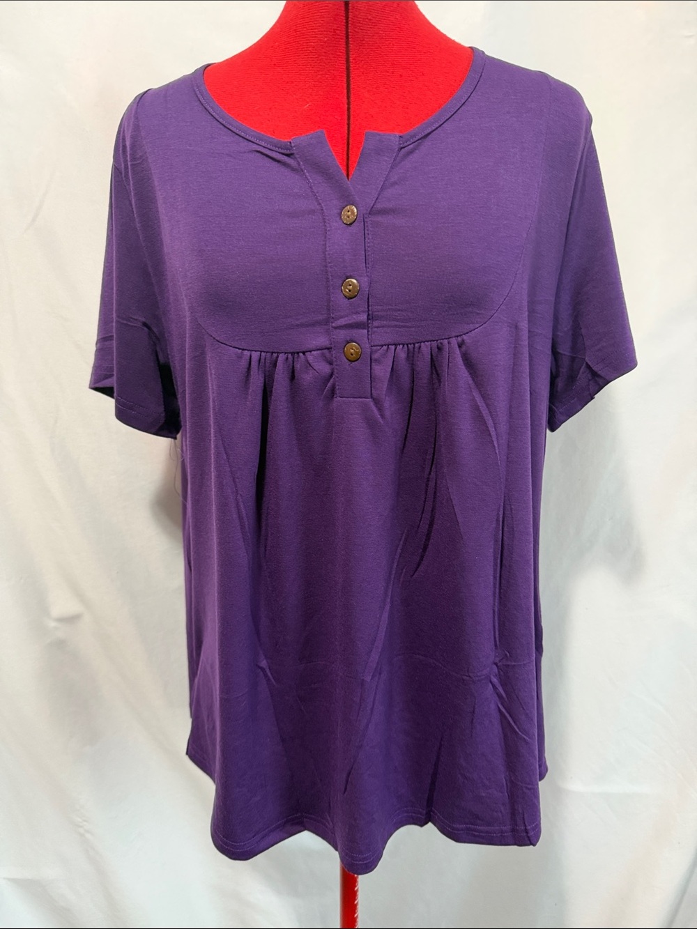 Women’s Purple Short Sleeve Henley Top with Button Placket